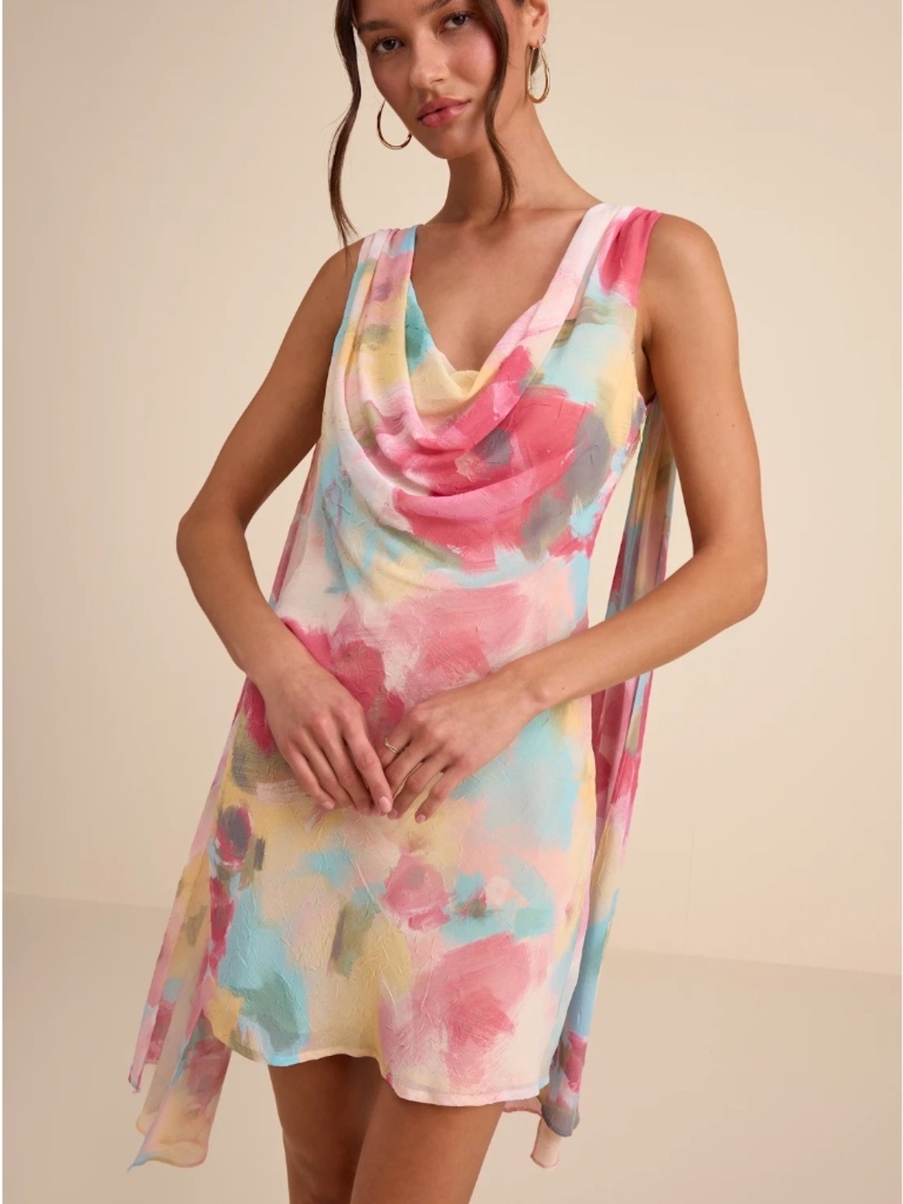 Siya Pink Multi Abstract Print Cowl Sash Mini Dress